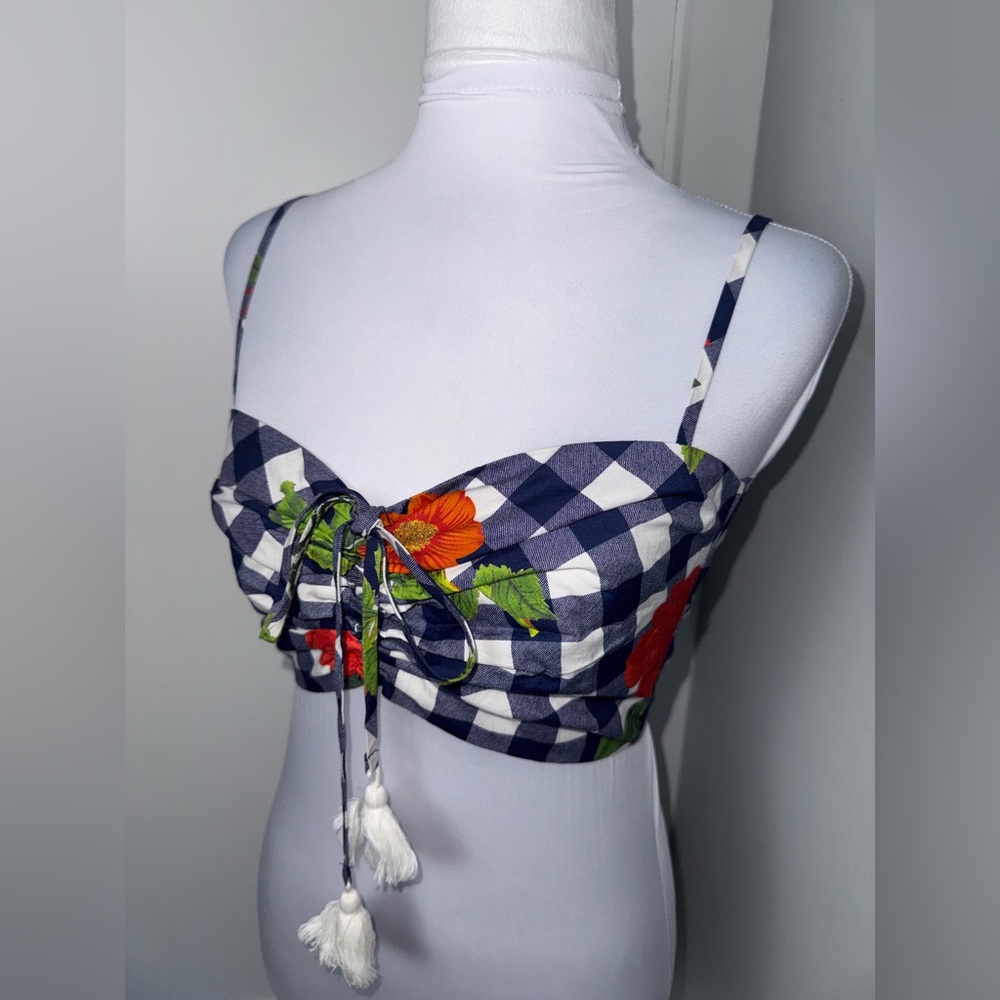 Cara Cara Ruched Sweetheart Cotton Crop Top Gingham Floral Navy/Size XS - Picture 4 of 10